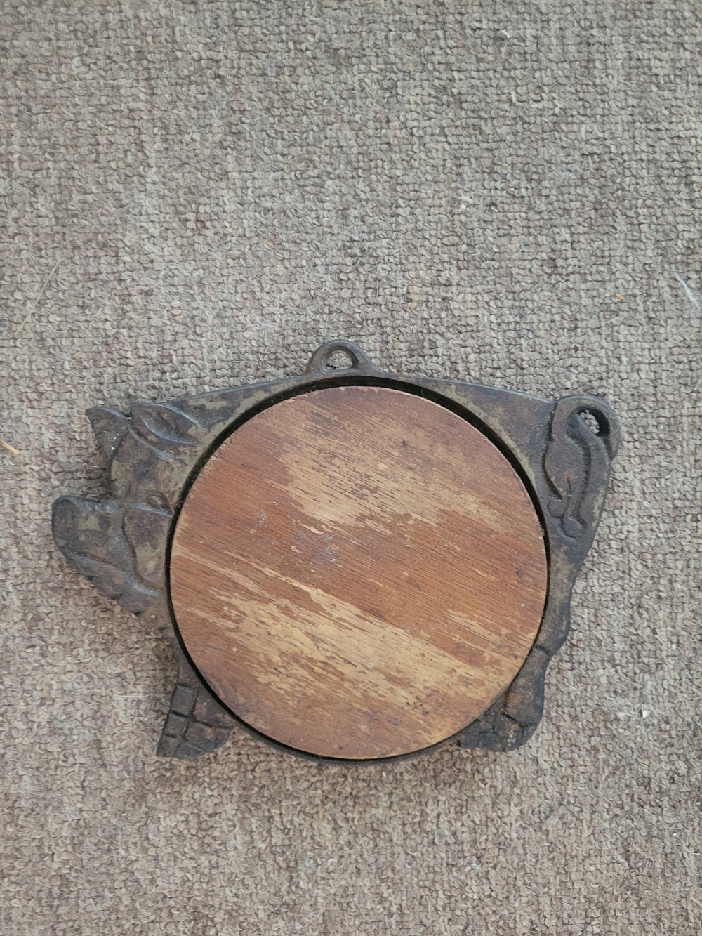 Vintage Cast Iron Pig Trivet with Wooden Insert - Brown